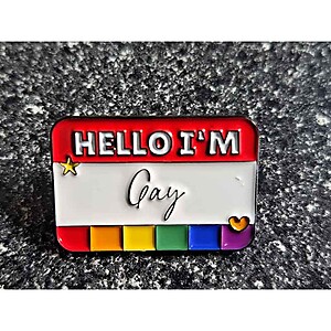 Hello I'm Gay Name Badge LGBT Lesbian Rainbow Enamel Pin Lapel
