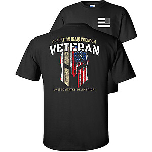 Operation Iraqi Freedom Veteran T-Shirt OIF Service Ribbons American Flag Spartan Helmet