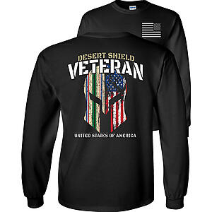 Desert Shield T-Shirt Veteran Campaign Service Ribbons American Flag Spartan Helmet