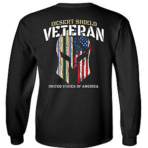 Desert Shield T-Shirt Veteran Campaign Service Ribbons American Flag Spartan Helmet