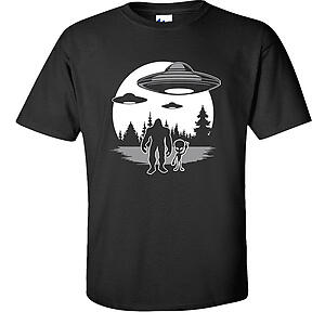 Alien & Bigfoot UFO Moon T-Shirt Abduction Extraterrestrial Sasquatch Funny Graphic